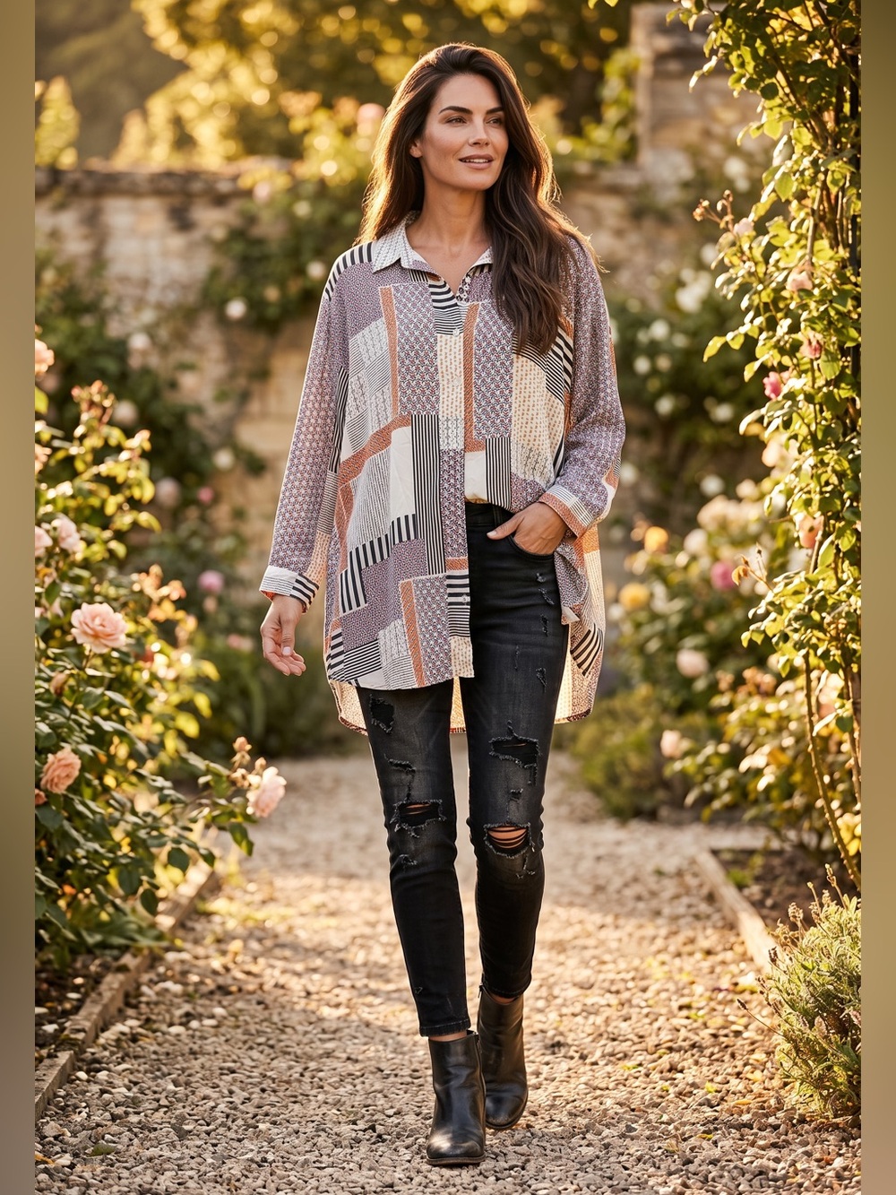 Rose & Olive Patchwork Button-Front Tunic